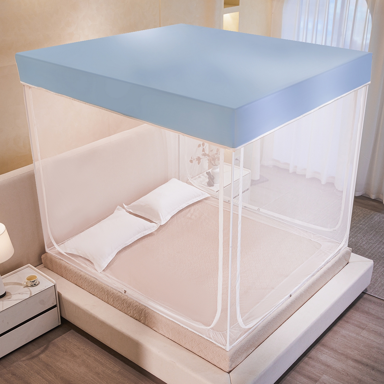 91家纺网 家纺一手货源 找家纺 世婕 2026新款大空间防尘坐床蚊帐-素夏 素夏 梦蓝