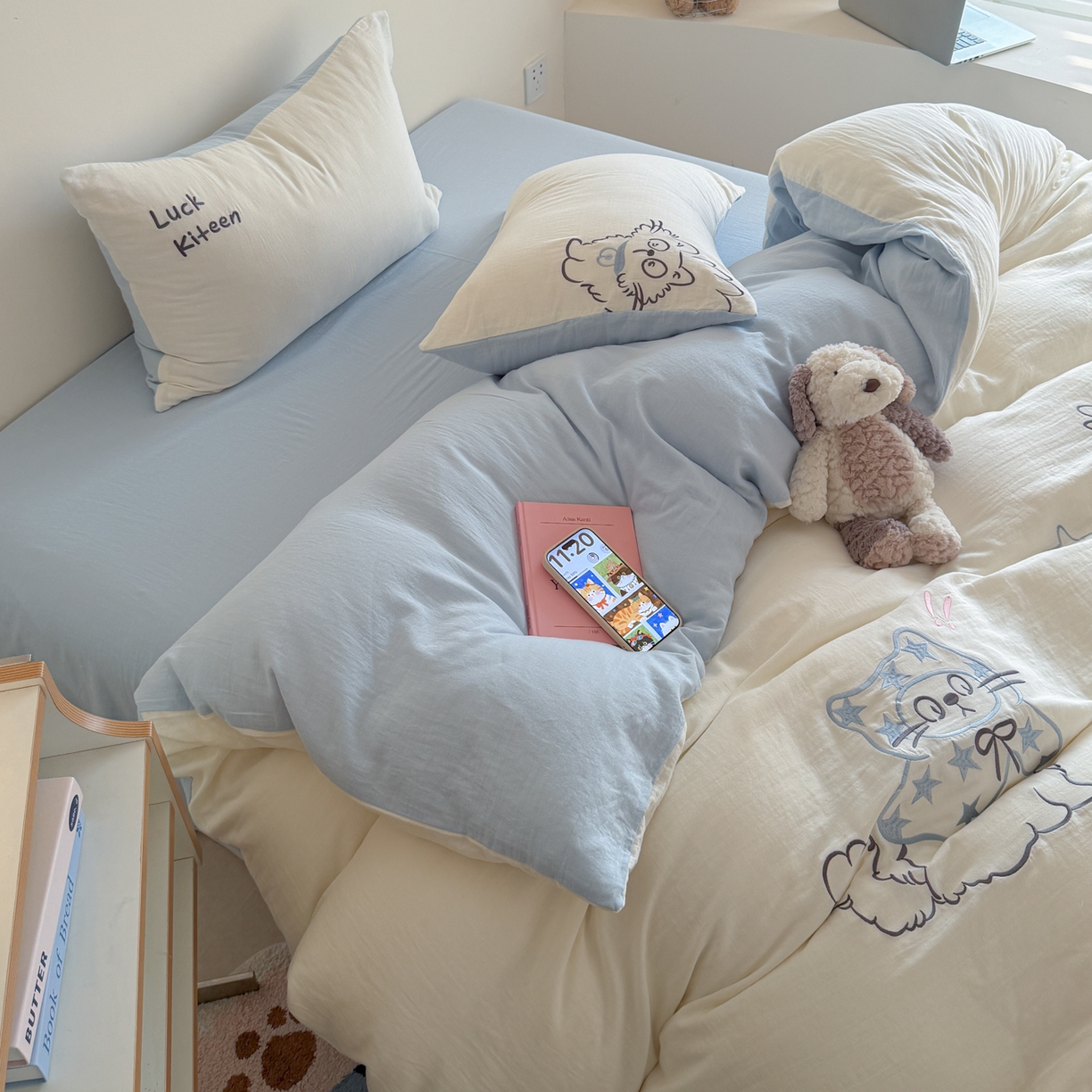 91家纺网 家纺一手货源 找家纺 （总）FORTWO家纺原创设计（FOR TWO家纺） 2026新款全棉双层纱四件套--睡觉猫(会员-15 控价：（券前）基础价不低于小号248元，中号328元，大号348元 床笠加10元)