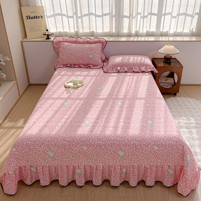 91家纺网 家纺一手货源 找家纺 赛丽雅 2026春夏新款古法水洗棉床盖四件套 KT猫-粉