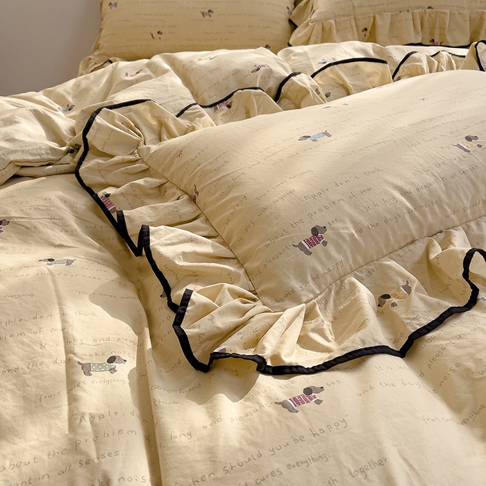 91家纺网 家纺一手货源 找家纺 赛丽雅 2026春夏新款古法水洗棉床盖四件套 狗狗家族