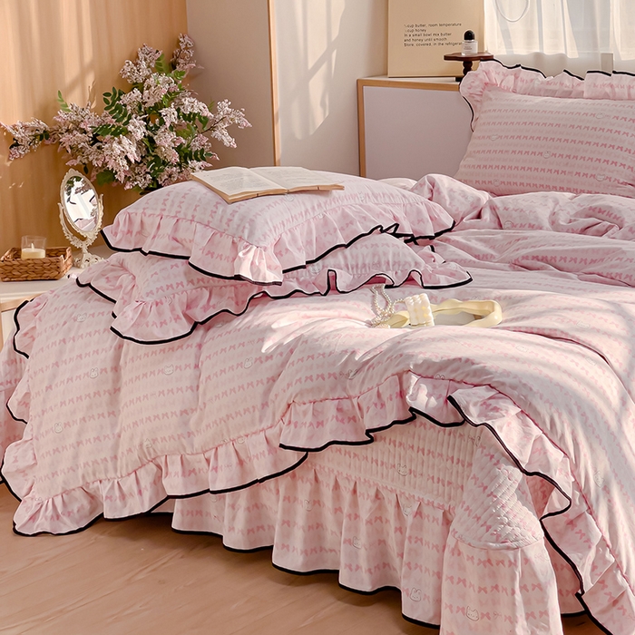 91家纺网 家纺一手货源 找家纺 赛丽雅 2026春夏新款古法水洗棉床盖四件套 可爱兔