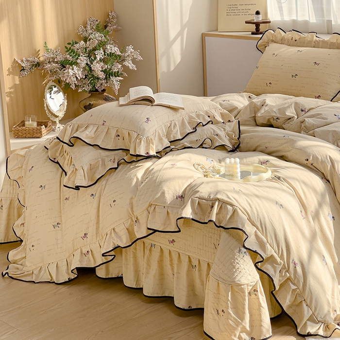 91家纺网 家纺一手货源 找家纺 赛丽雅 2026春夏新款古法水洗棉床盖四件套 狗狗家族