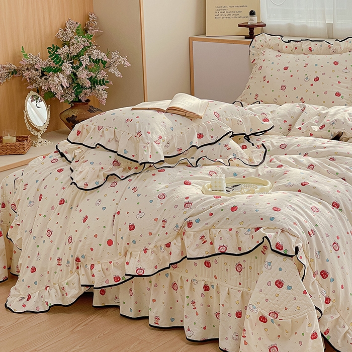 91家纺网 家纺一手货源 找家纺 赛丽雅 2026春夏新款古法水洗棉床盖四件套 苹果乐园