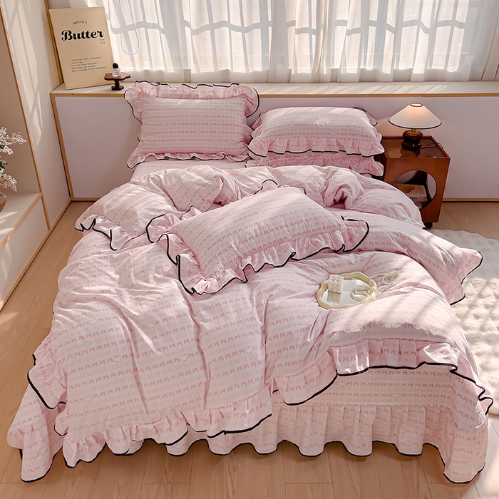 91家纺网 家纺一手货源 找家纺 赛丽雅 2026春夏新款古法水洗棉床盖四件套 可爱兔