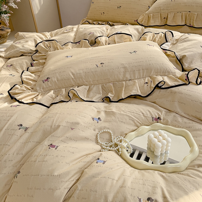 91家纺网 家纺一手货源 找家纺 赛丽雅 2026春夏新款古法水洗棉床盖四件套 狗狗家族