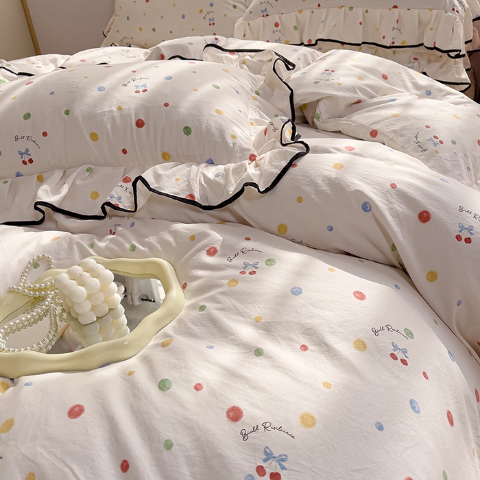 91家纺网 家纺一手货源 找家纺 赛丽雅 2026春夏新款古法水洗棉床盖四件套 彩色波点