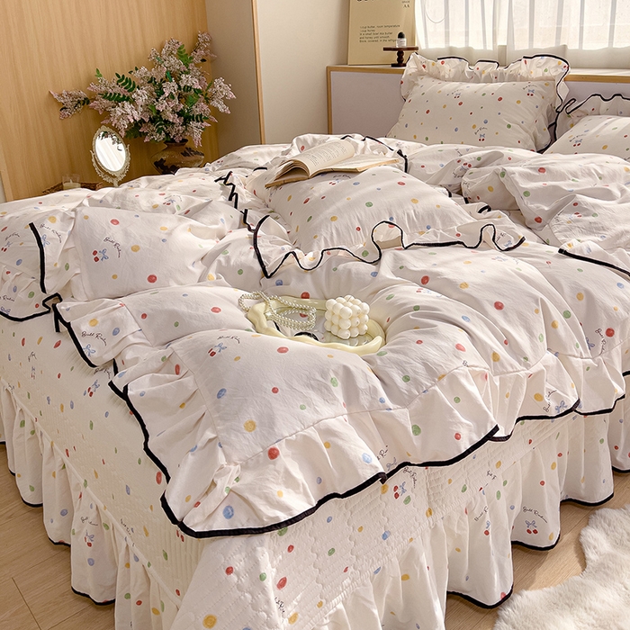 91家纺网 家纺一手货源 找家纺 赛丽雅 2026春夏新款古法水洗棉床盖四件套 彩色波点