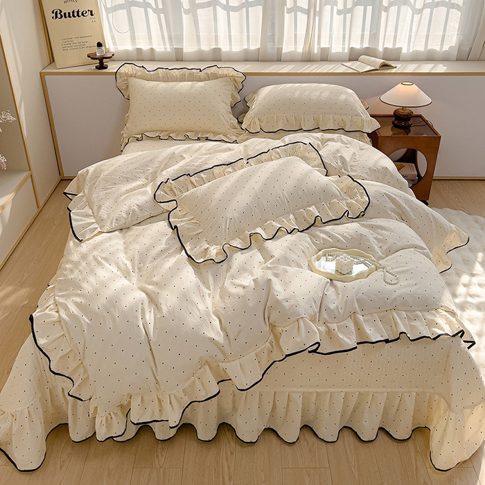 91家纺网 家纺一手货源 找家纺 赛丽雅 2026春夏新款古法水洗棉床盖四件套 波点