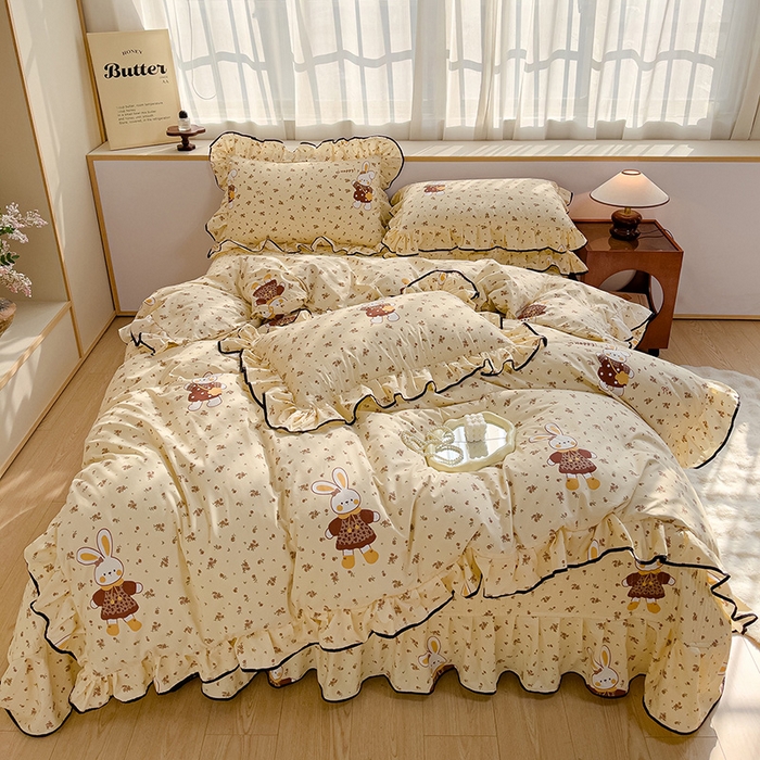 91家纺网 家纺一手货源 找家纺 赛丽雅 2026春夏新款古法水洗棉床盖四件套 暖兔