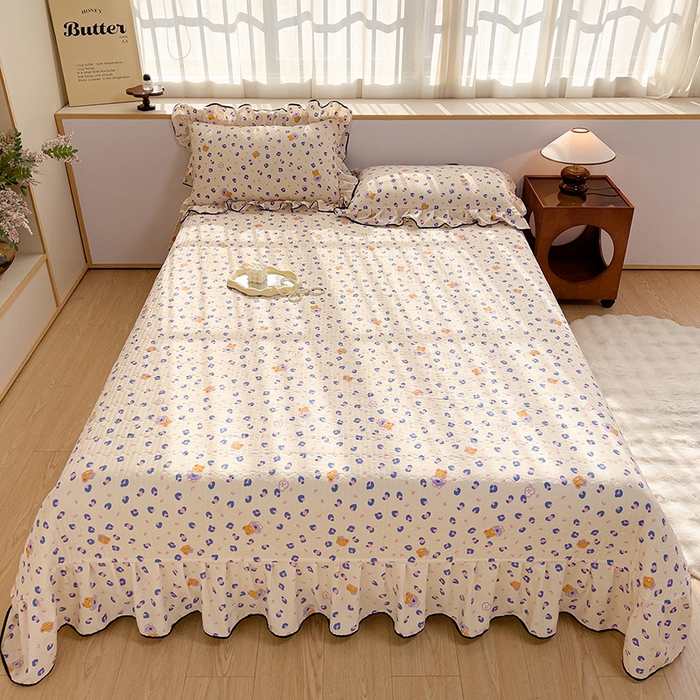 91家纺网 家纺一手货源 找家纺 赛丽雅 2026春夏新款古法水洗棉床盖四件套 蓝纹小熊