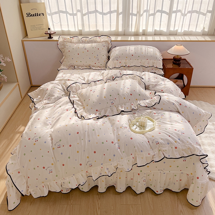 91家纺网 家纺一手货源 找家纺 赛丽雅 2026春夏新款古法水洗棉床盖四件套 彩色波点