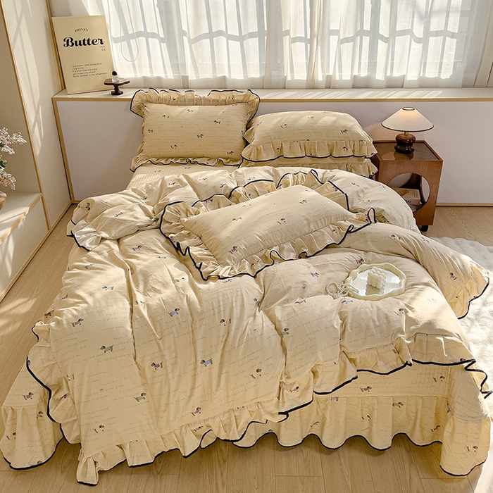 91家纺网 家纺一手货源 找家纺 赛丽雅 2026春夏新款古法水洗棉床盖四件套 狗狗家族