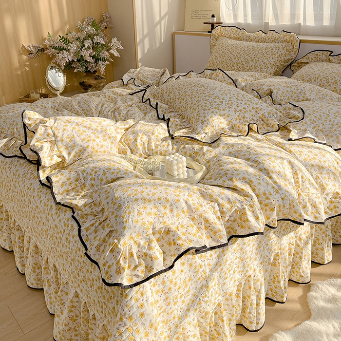 91家纺网 家纺一手货源 找家纺 赛丽雅 2026春夏新款古法水洗棉床盖四件套 花田错