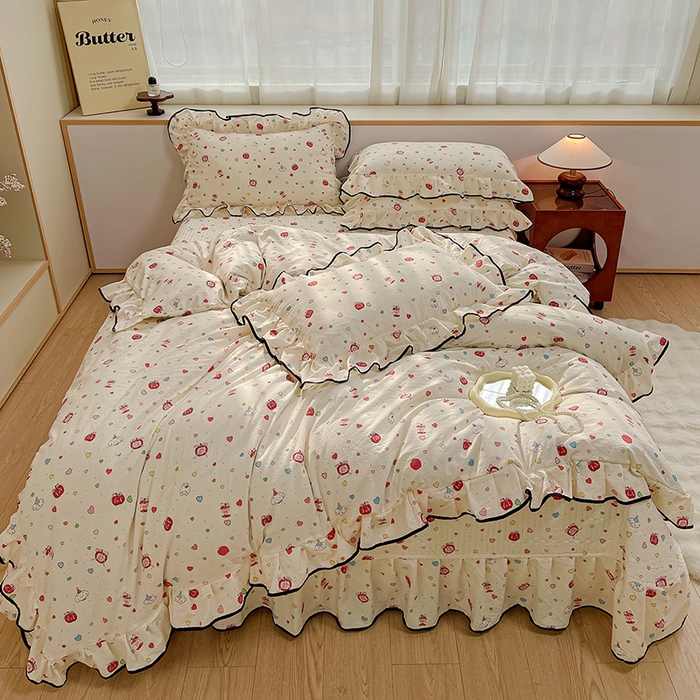 91家纺网 家纺一手货源 找家纺 赛丽雅 2026春夏新款古法水洗棉床盖四件套 苹果乐园