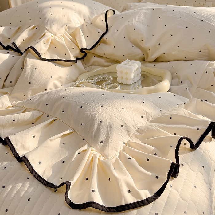 91家纺网 家纺一手货源 找家纺 赛丽雅 2026春夏新款古法水洗棉床盖四件套 波点