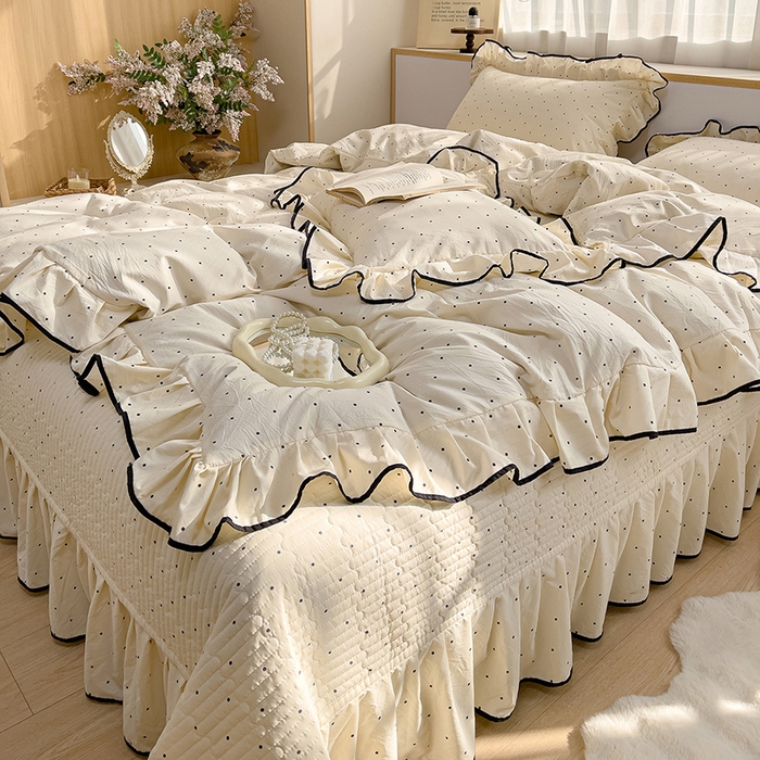 91家纺网 家纺一手货源 找家纺 赛丽雅 2026春夏新款古法水洗棉床盖四件套 波点