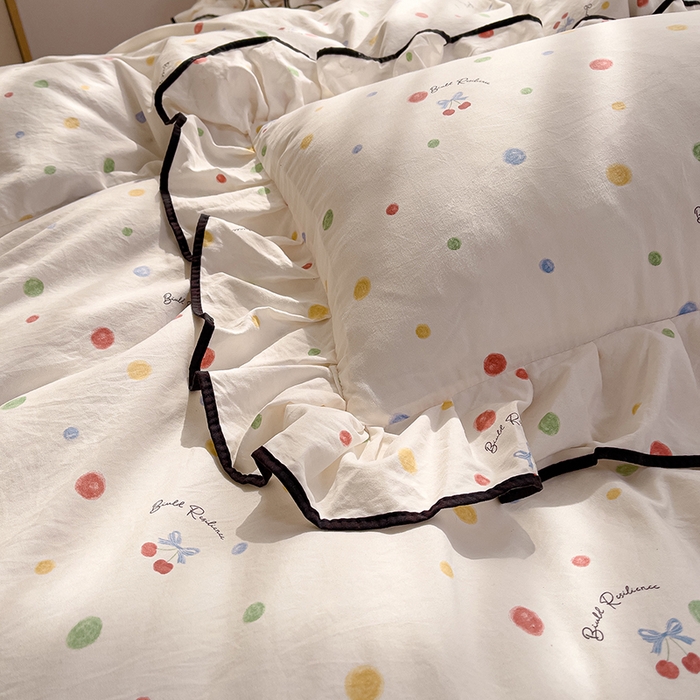 91家纺网 家纺一手货源 找家纺 赛丽雅 2026春夏新款古法水洗棉床盖四件套 彩色波点