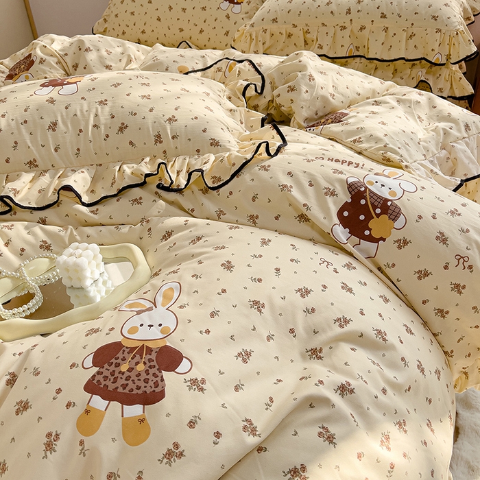 91家纺网 家纺一手货源 找家纺 赛丽雅 2026春夏新款古法水洗棉床盖四件套 暖兔