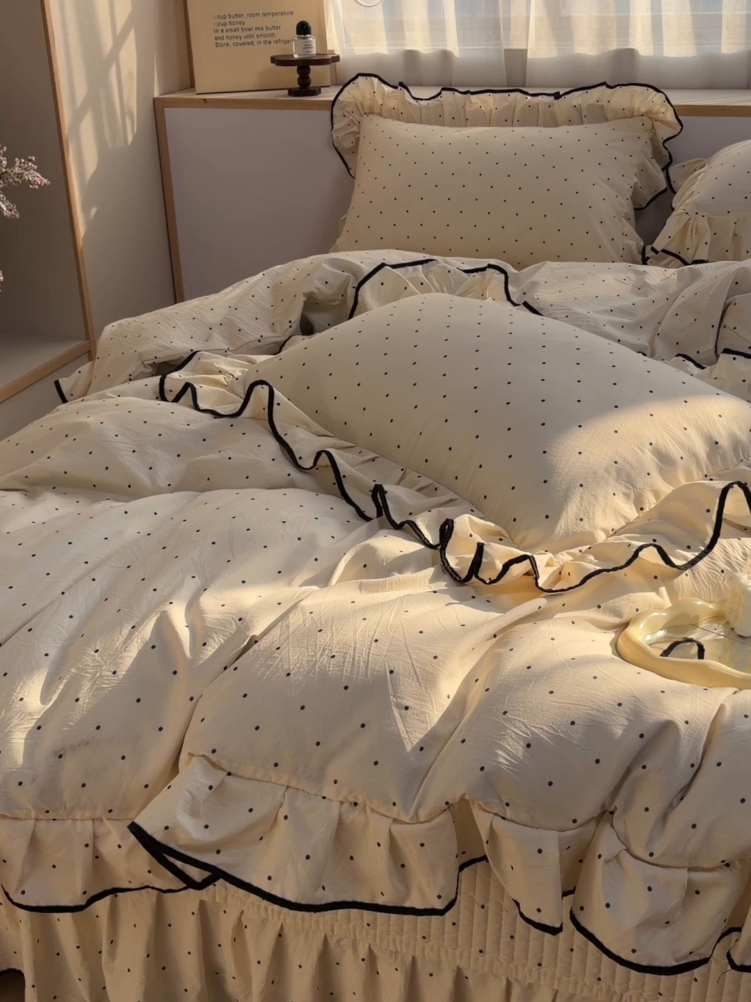 91家纺网 家纺一手货源 找家纺 赛丽雅 2026春夏新款古法水洗棉床盖四件套 波点