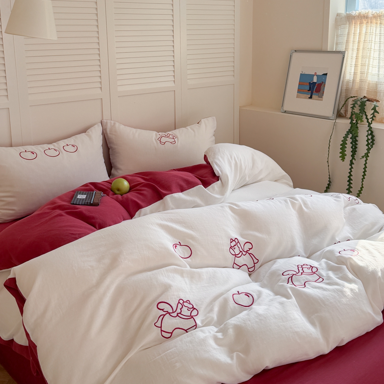 91家纺网 家纺一手货源 找家纺 FORTWO家纺原创设计（FOR TWO家纺） 2026新款全棉双层纱四件套--线条款(会员-15 控价：（券前）基础价不低于小号248元，中号328元，大号348元 床笠加10元) 小马苹果