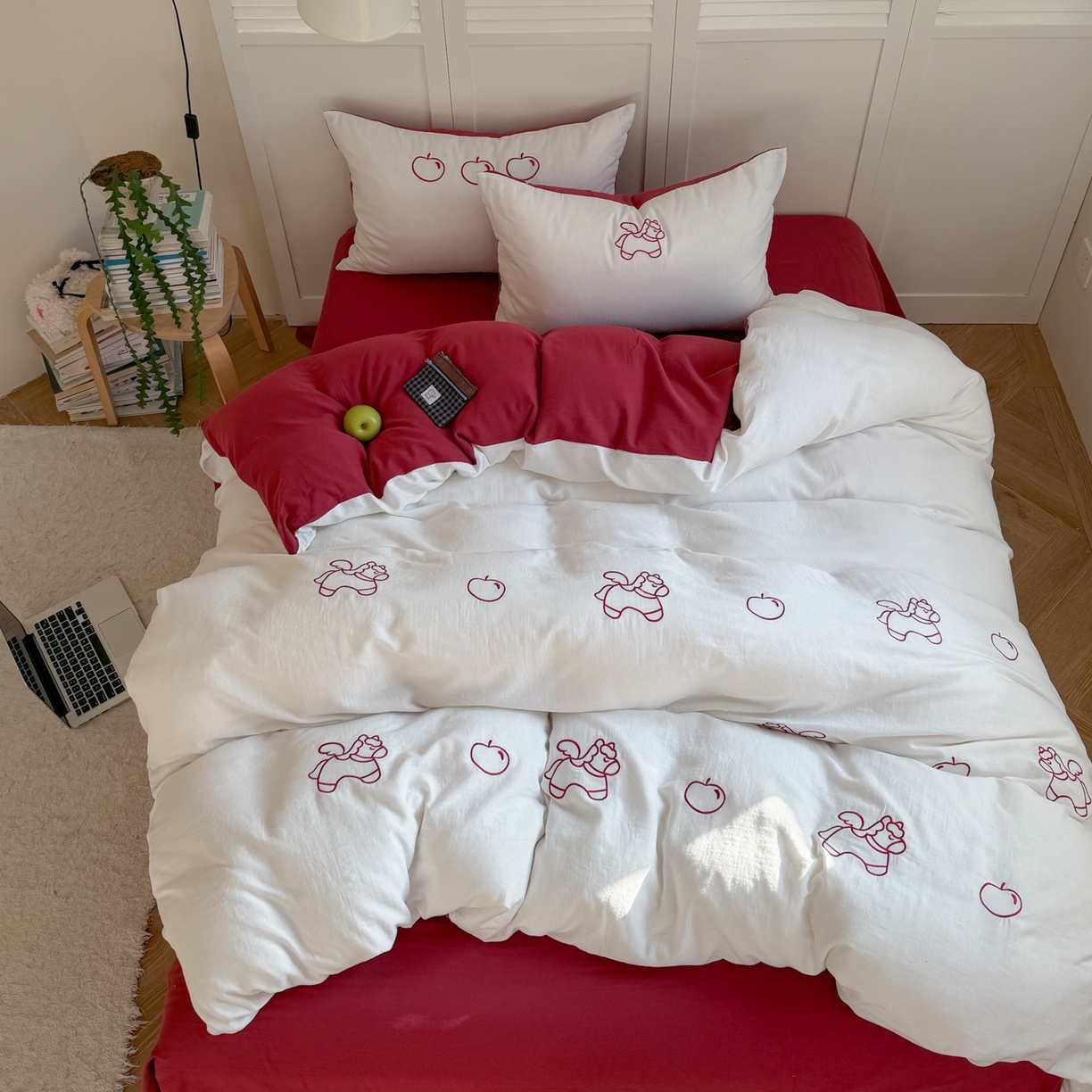 FORTWO家纺原创设计（FOR TWO家纺） 2026新款全棉双层纱四件套--线条款(会员-15 控价：（券前）基础价不低于小号248元，中号328元，大号348元 床笠加10元) 小马苹果