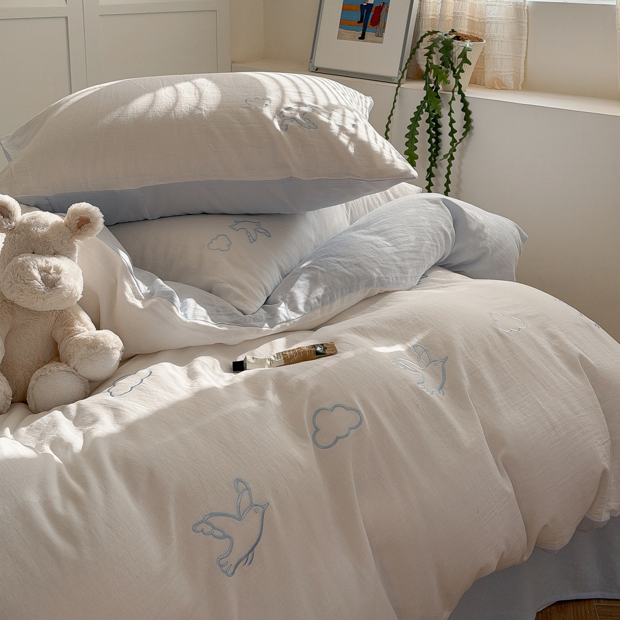 91家纺网 家纺一手货源 找家纺 FORTWO家纺原创设计（FOR TWO家纺） 2026新款全棉双层纱四件套--线条款(会员-15 控价：（券前）基础价不低于小号248元，中号328元，大号348元 床笠加10元) 云朵海鸥