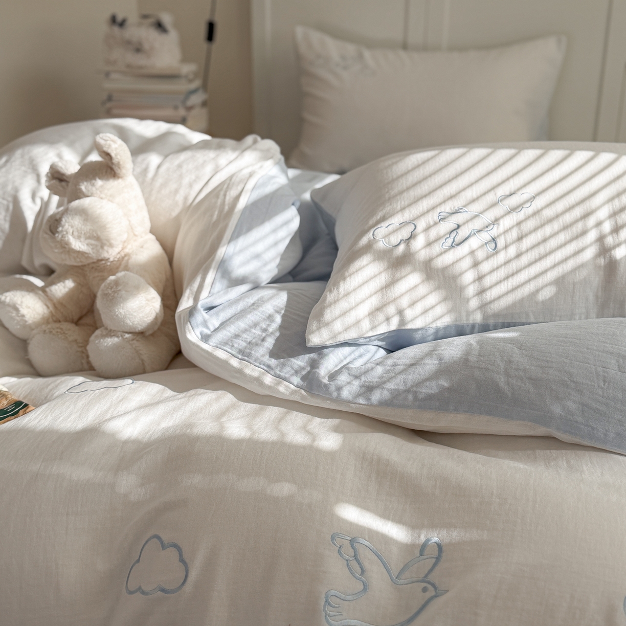 91家纺网 家纺一手货源 找家纺 FORTWO家纺原创设计（FOR TWO家纺） 2026新款全棉双层纱四件套--线条款(会员-15 控价：（券前）基础价不低于小号248元，中号328元，大号348元 床笠加10元) 云朵海鸥