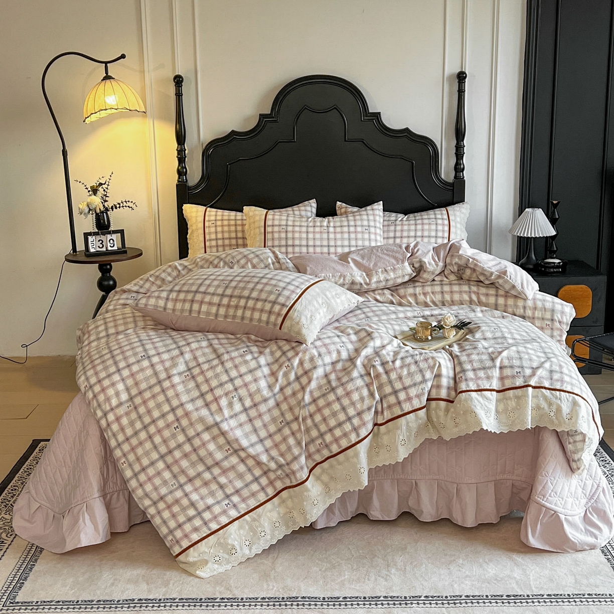 美梦家纺 2026新款高克重全棉花边云感棉床盖四件套 雅格·粉