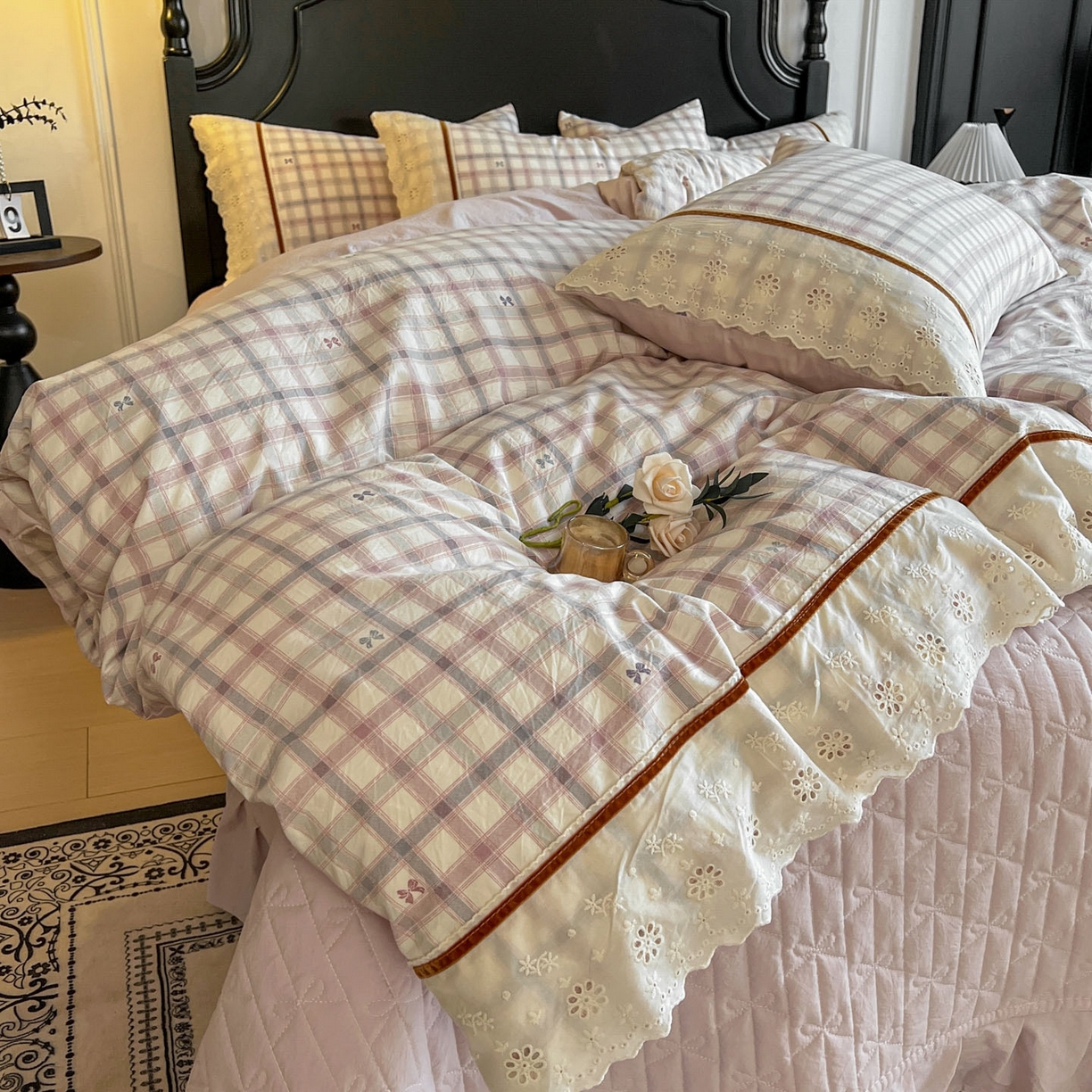 91家纺网 家纺一手货源 找家纺 美梦家纺 2026新款高克重全棉花边云感棉床盖四件套 雅格·粉