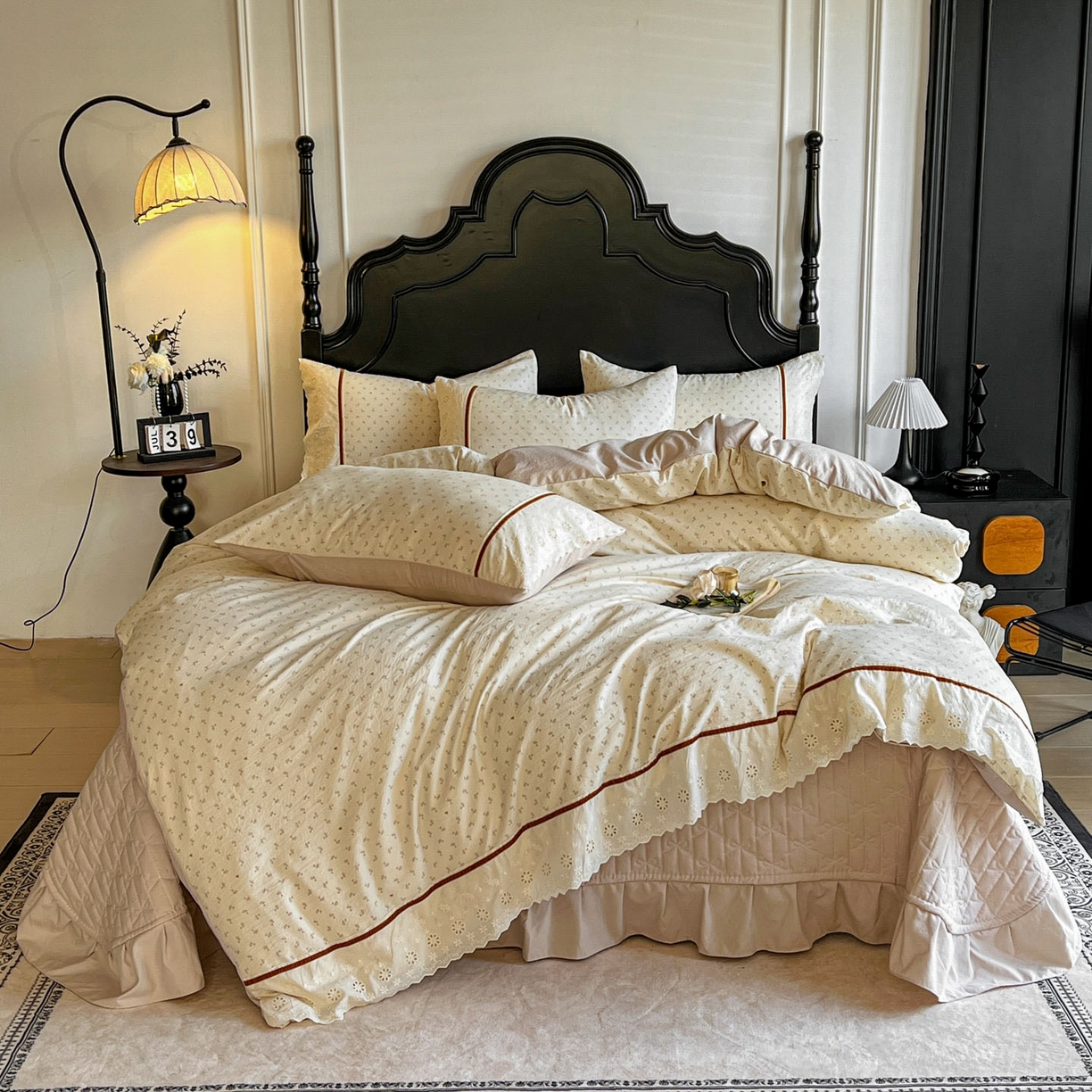 美梦家纺 2026新款高克重全棉花边云感棉床盖四件套 紫藤碎花·咖