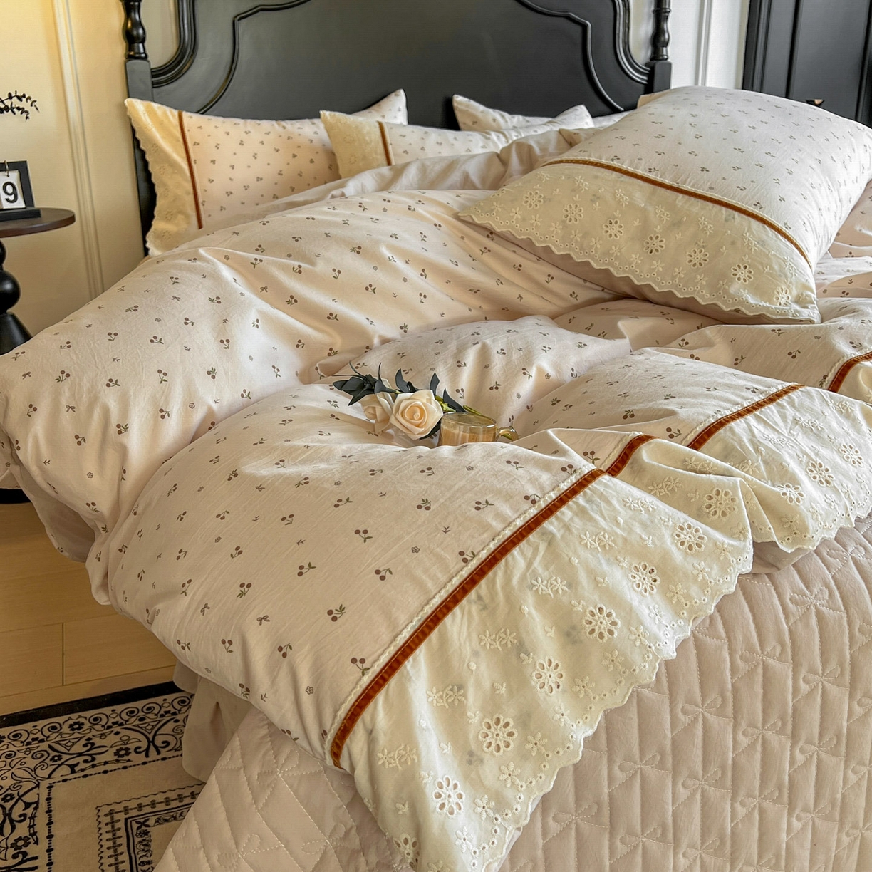 91家纺网 家纺一手货源 找家纺 美梦家纺 2026新款高克重全棉花边云感棉床盖四件套 樱桃蜜·咖