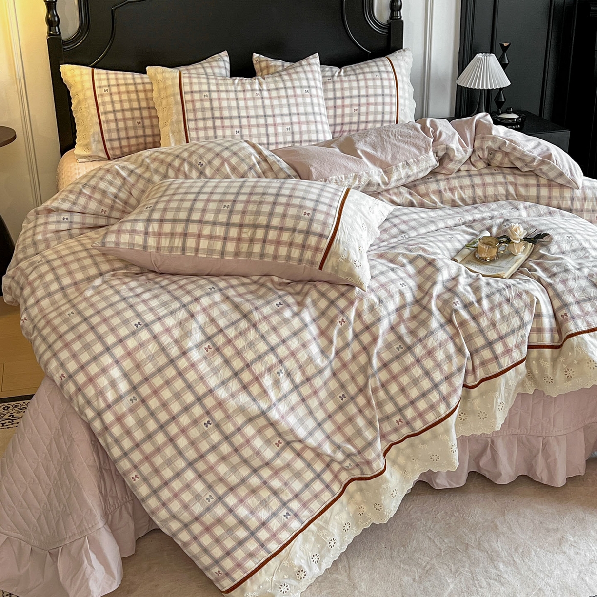 91家纺网 家纺一手货源 找家纺 美梦家纺 2026新款高克重全棉花边云感棉床盖四件套 雅格·粉