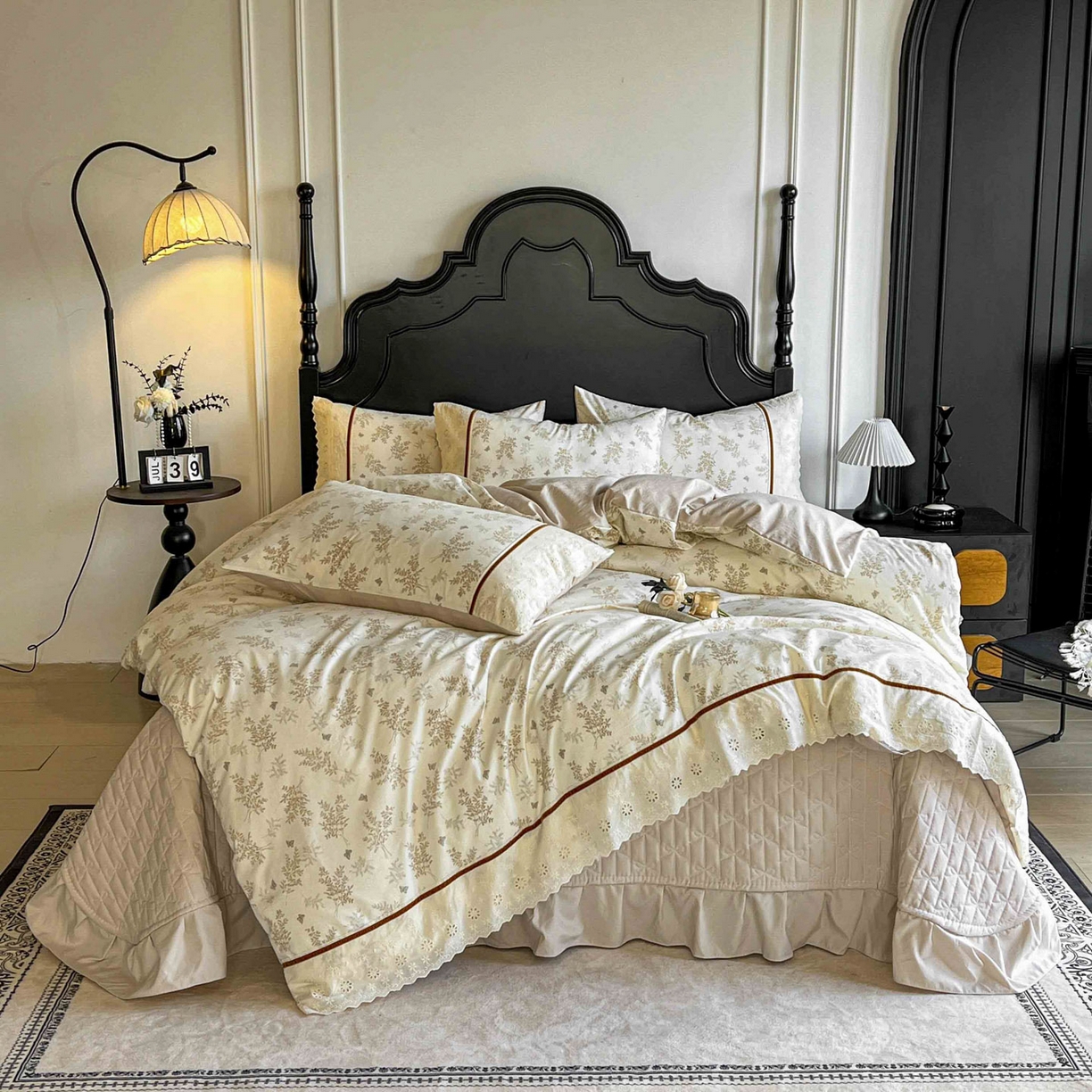 美梦家纺 2026新款高克重全棉花边云感棉床盖四件套 尤丽叶·咖