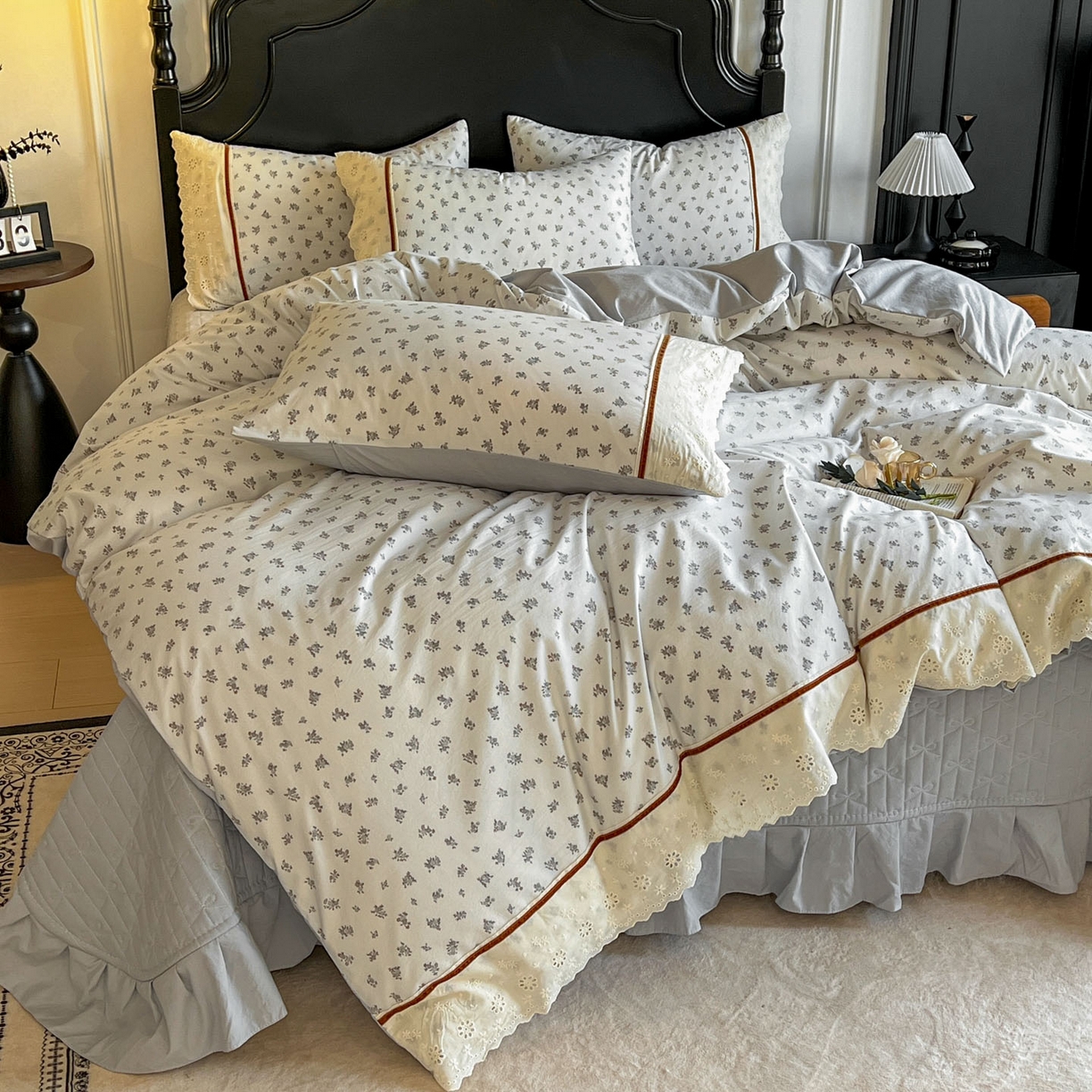 91家纺网 家纺一手货源 找家纺 美梦家纺 2026新款高克重全棉花边云感棉床盖四件套 希雅莉·灰