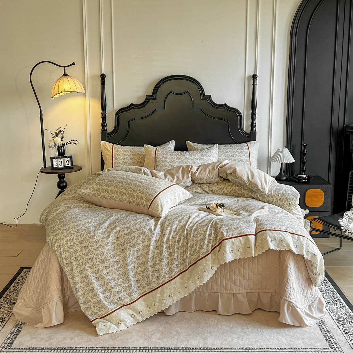 美梦家纺 2026新款高克重全棉花边云感棉床盖四件套 浅叶·米