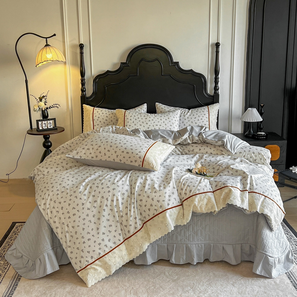 美梦家纺 2026新款高克重全棉花边云感棉床盖四件套 希雅莉·灰