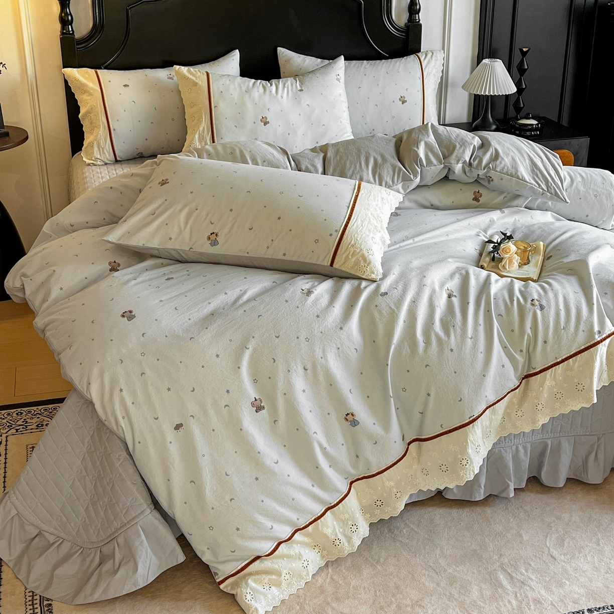 91家纺网 家纺一手货源 找家纺 美梦家纺 2026新款高克重全棉花边云感棉床盖四件套 暖小象·兰