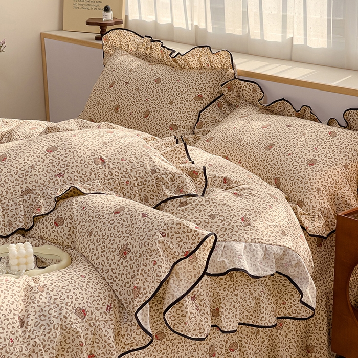 91家纺网 家纺一手货源 找家纺 赛丽雅 2026春夏新款古法水洗棉床盖四件套 豹纹猫咪