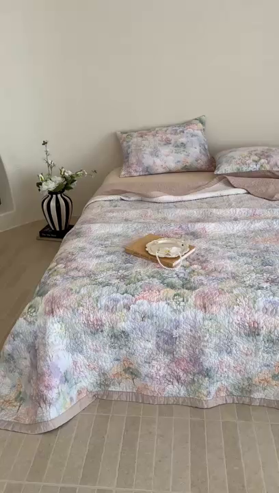 91家纺网 家纺一手货源 找家纺 床盖工厂店 2026新款高端活性数码工艺双面全棉棉花床盖三件套 诗和远方-绿