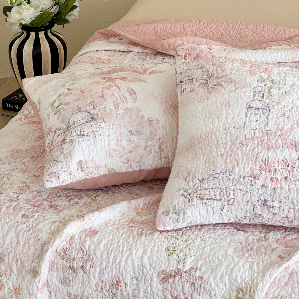 91家纺网 家纺一手货源 找家纺 床盖工厂店 2026新款高端活性数码工艺双面全棉棉花床盖三件套 法兰庄园-粉