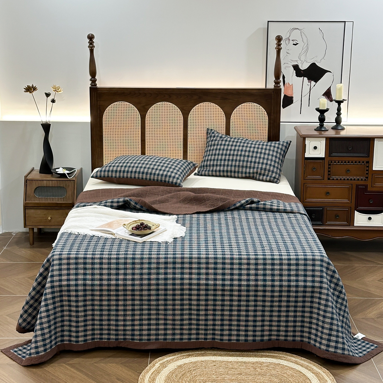 91家纺网 家纺一手货源 找家纺 床盖工厂店 2026新款双面水洗全棉填充棉花床盖三件套-重楼格系列 重楼兰