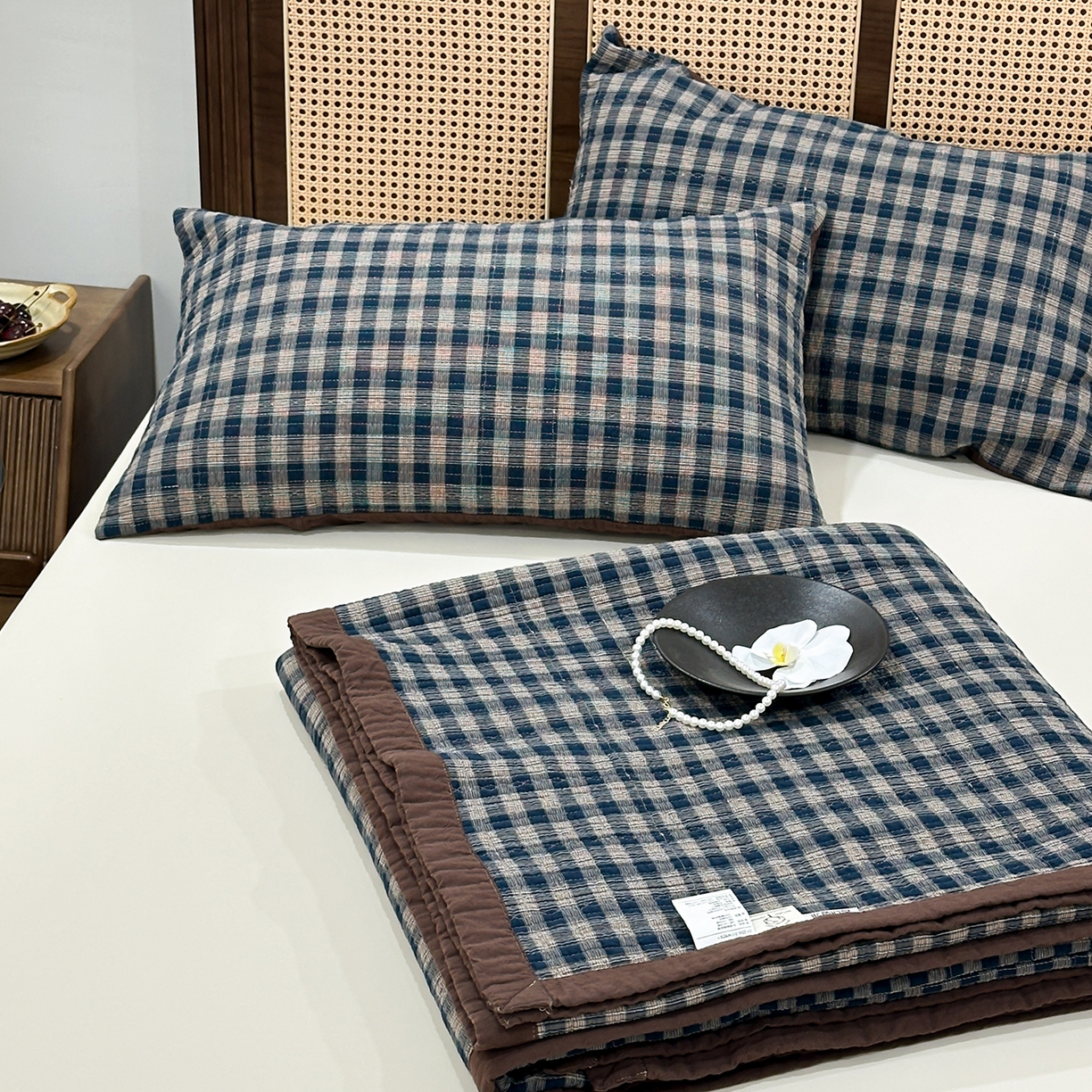 床盖工厂店 2026新款双面水洗全棉填充棉花床盖三件套-重楼格系列 重楼兰