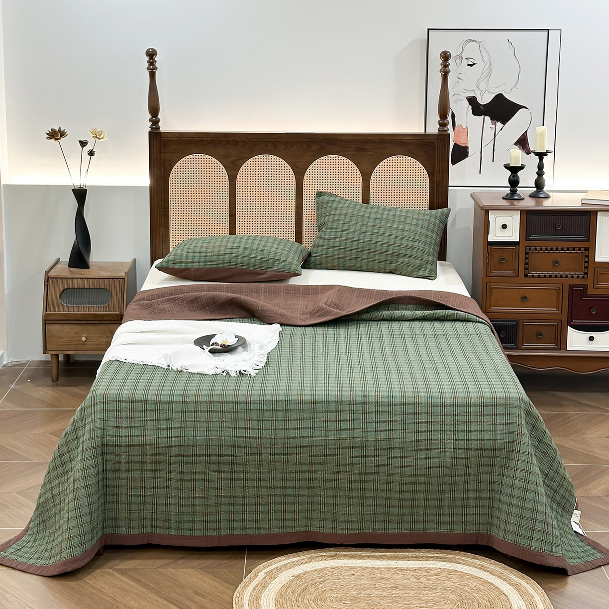 91家纺网 家纺一手货源 找家纺 床盖工厂店 2026新款双面水洗全棉填充棉花床盖三件套-重楼格系列 重楼绿