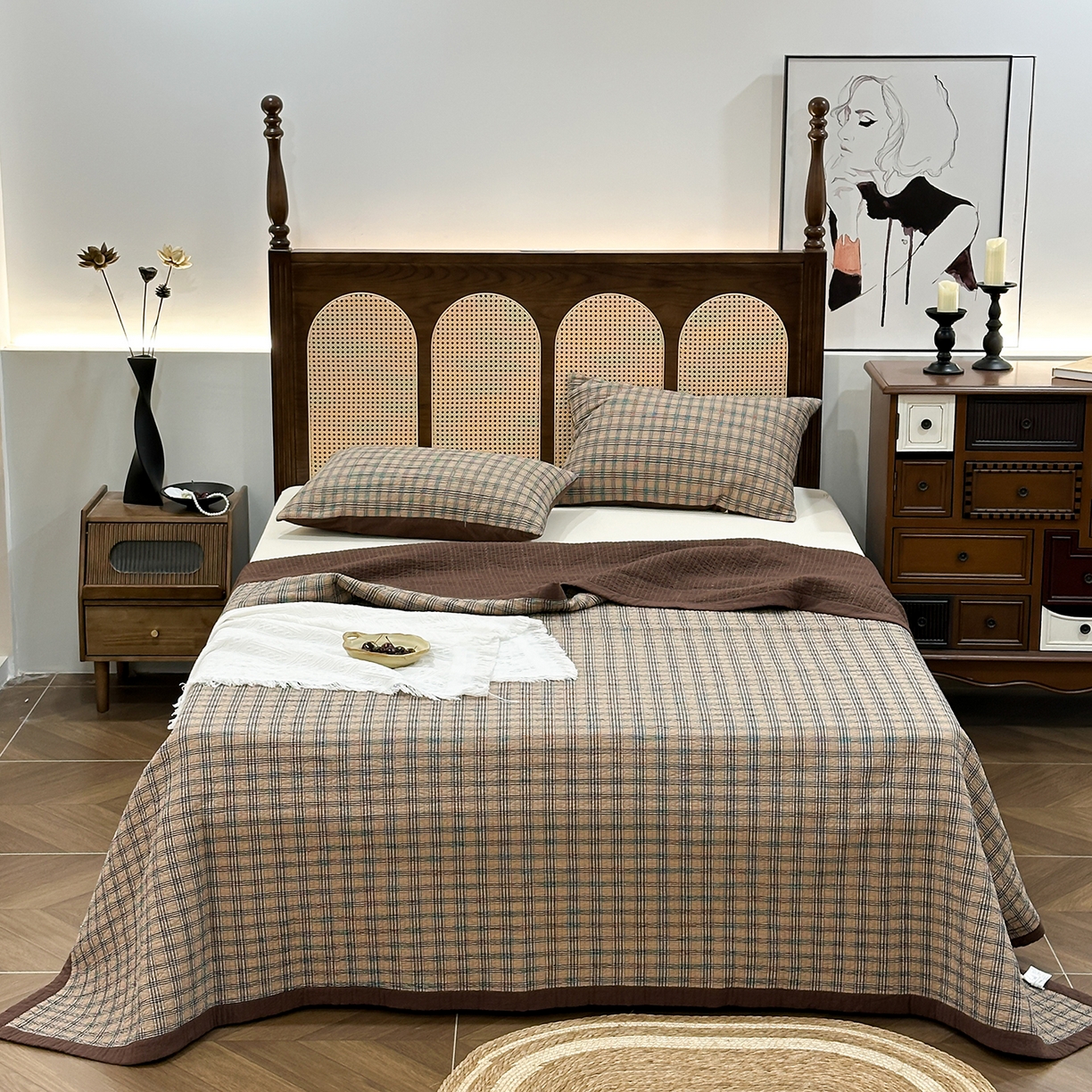 91家纺网 家纺一手货源 找家纺 床盖工厂店 2026新款双面水洗全棉填充棉花床盖三件套-重楼格系列 重楼咖