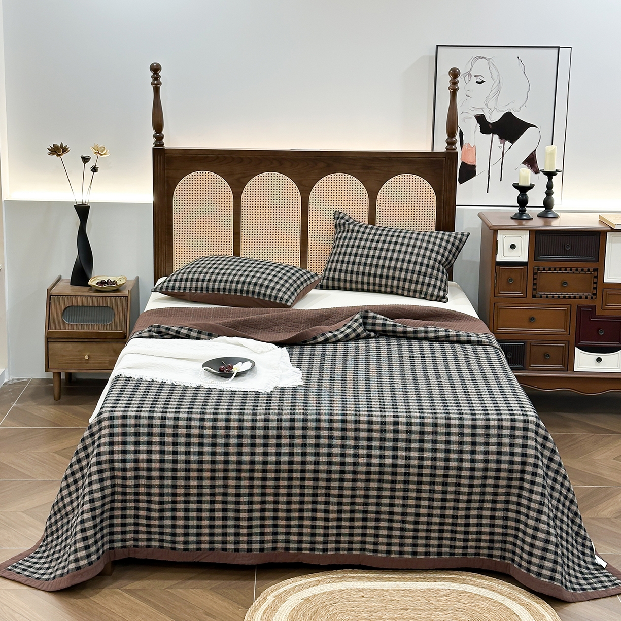 91家纺网 家纺一手货源 找家纺 床盖工厂店 2026新款双面水洗全棉填充棉花床盖三件套-重楼格系列 重楼黑