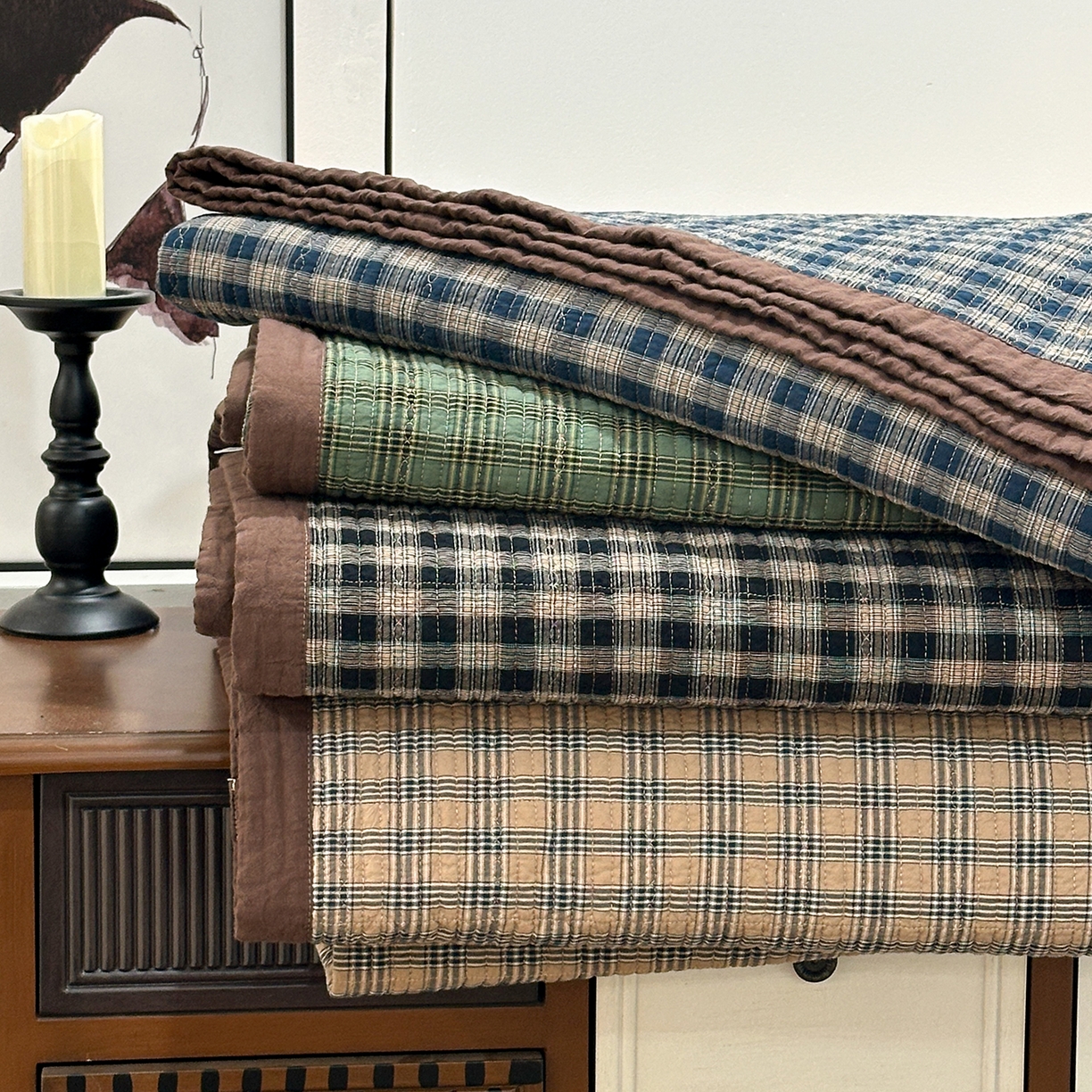 91家纺网 家纺一手货源 找家纺 床盖工厂店 2026新款双面水洗全棉填充棉花床盖三件套-重楼格系列 组合图