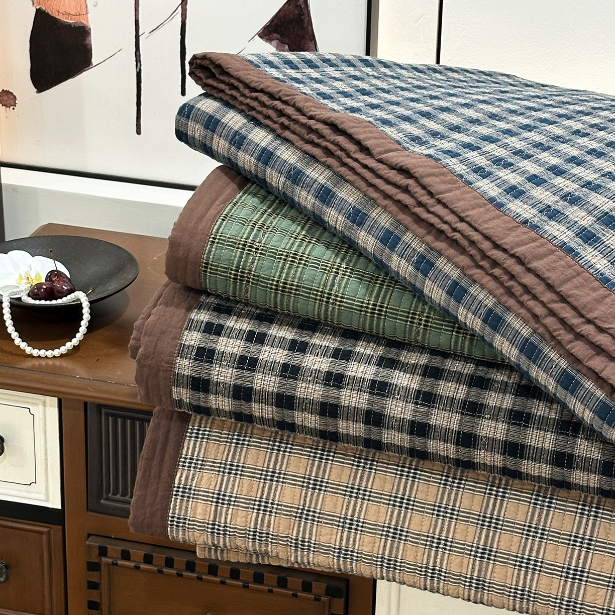 床盖工厂店 2026新款双面水洗全棉填充棉花床盖三件套-重楼格系列 组合图