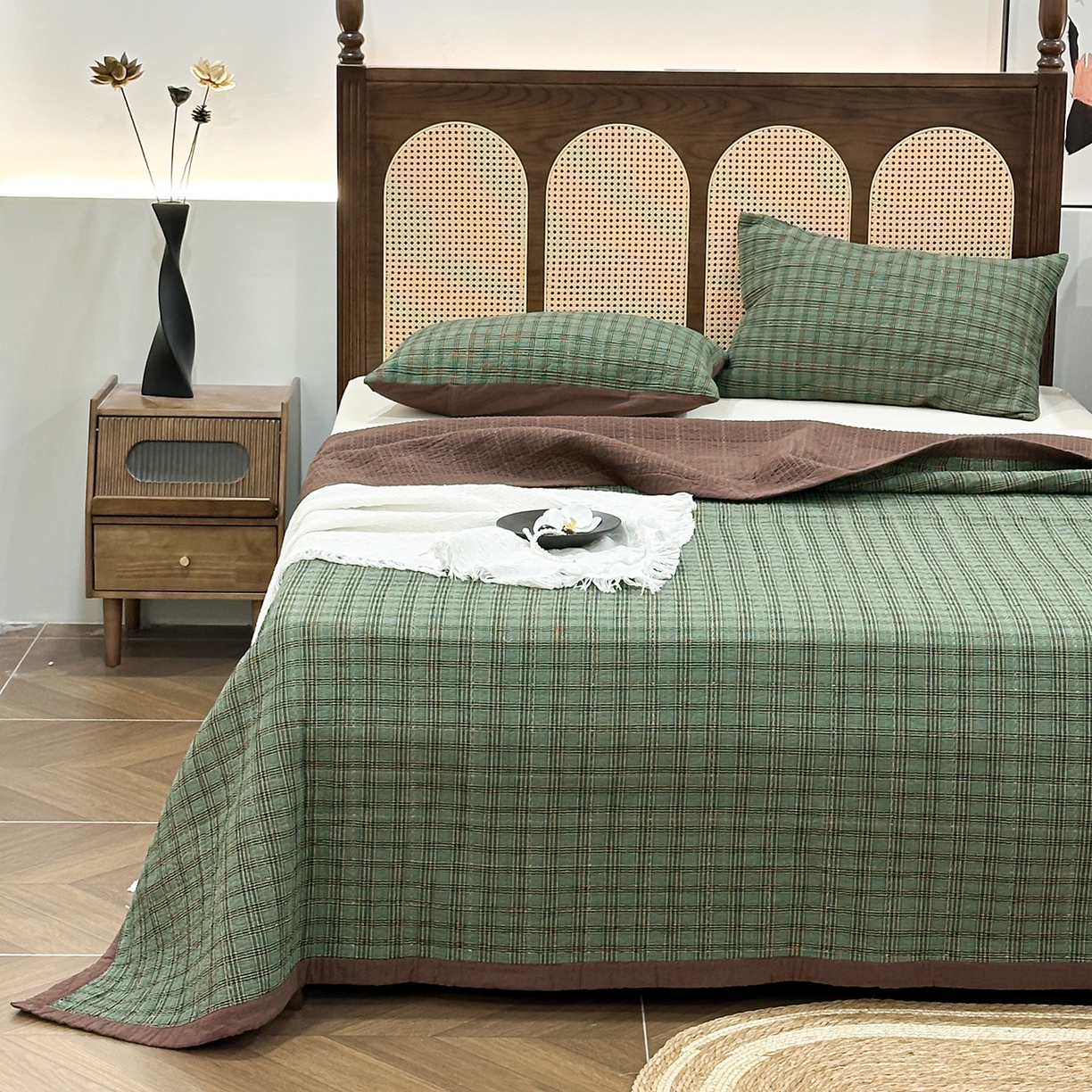 91家纺网 家纺一手货源 找家纺 床盖工厂店 2026新款双面水洗全棉填充棉花床盖三件套-重楼格系列 重楼绿