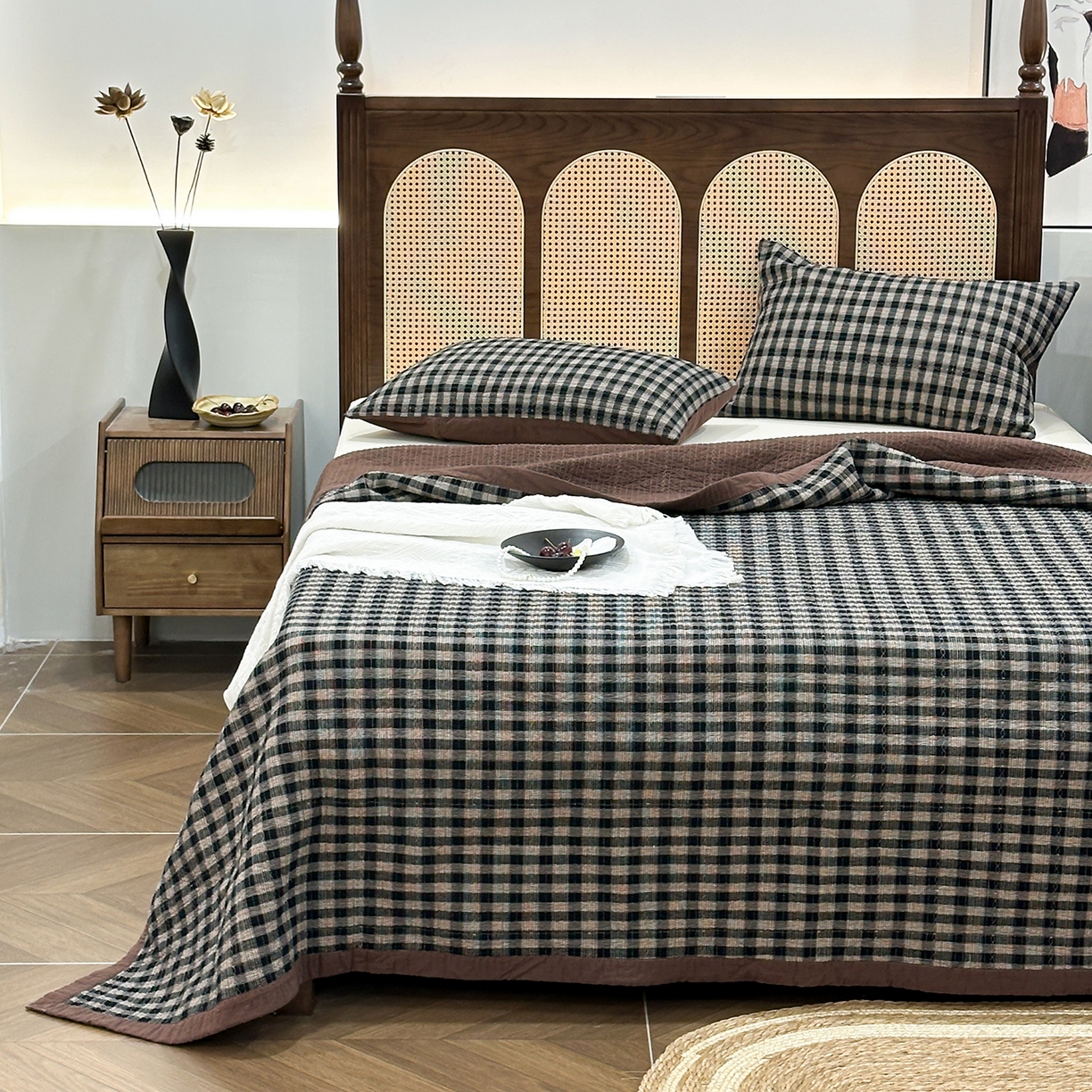 91家纺网 家纺一手货源 找家纺 床盖工厂店 2026新款双面水洗全棉填充棉花床盖三件套-重楼格系列 重楼黑