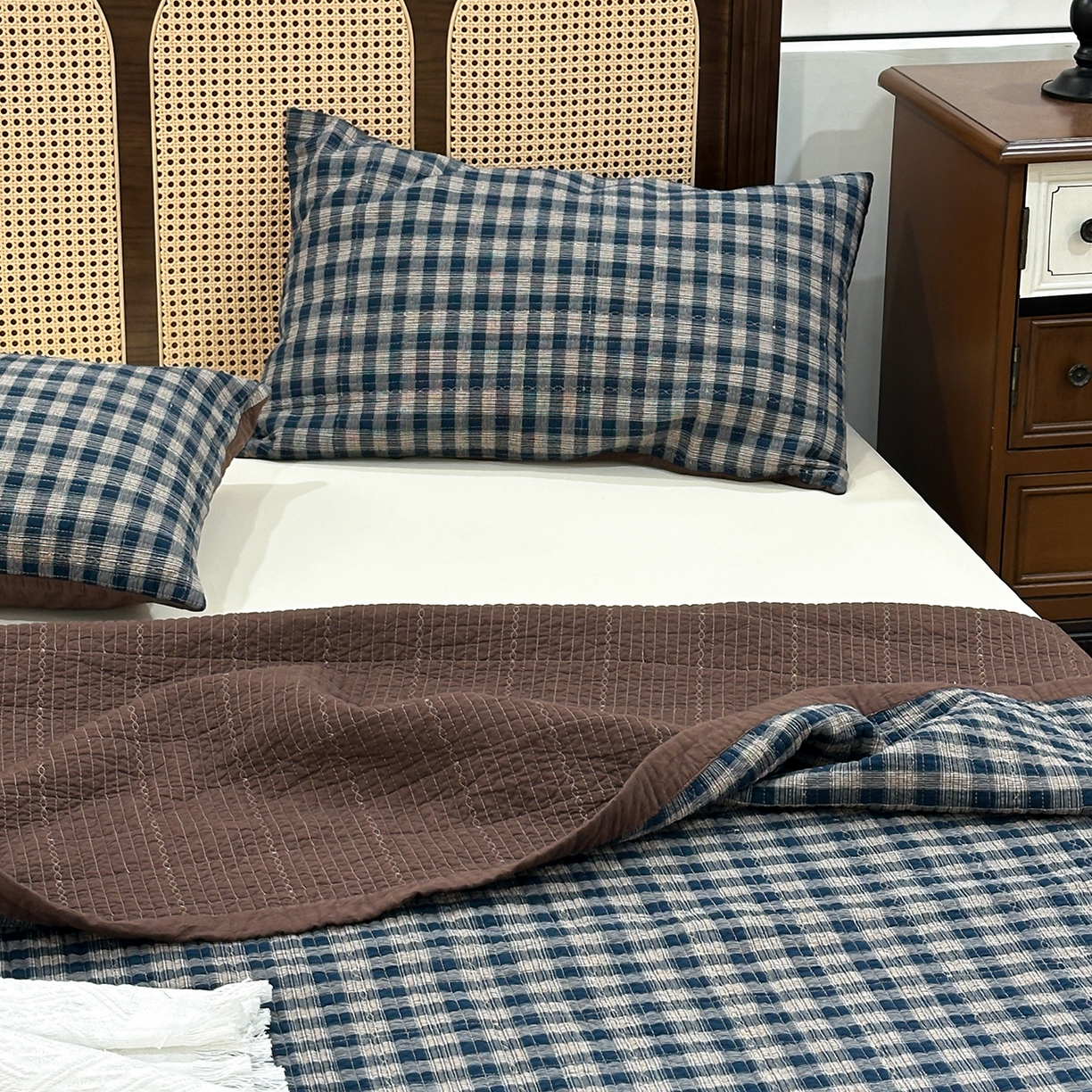 91家纺网 家纺一手货源 找家纺 床盖工厂店 2026新款双面水洗全棉填充棉花床盖三件套-重楼格系列 重楼兰